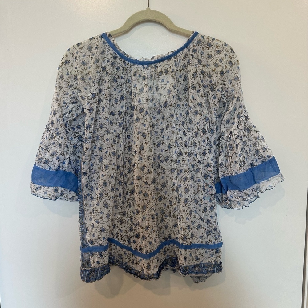 Poupette St Barth Womens floral top blouse flowy tunic white blue gauzy shirt OS - Picture 2 of 9